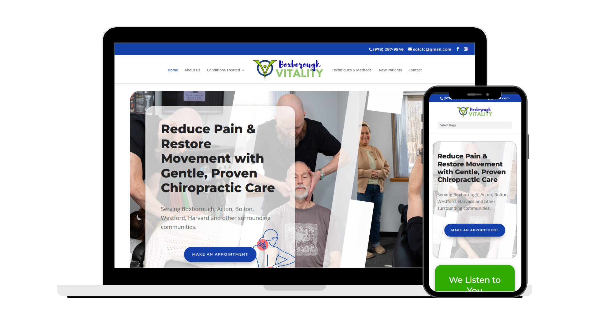 Built a custom, simple, and effective website for small businesses including Boxborough Vitality in Boxborough, MA.